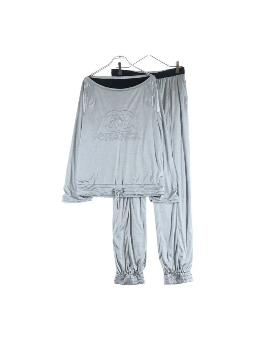 Chanel CC Logo Metallic Silver Set Polyester Top Jogger Pants